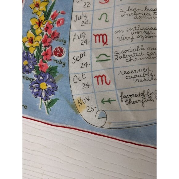 Vintage Handkerchief 1950’s Burmel Astrological Zodiac Signs chart floral 13 in - Picture 2 of 6